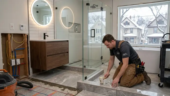 A contractor installing grey floor tiles near a frameless glass walk-in shower during a bathroom remodel in Minneapolis.