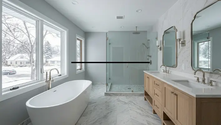 A completed master bathroom renovation in Minneapolis featuring a white freestanding soaking tub, a light wood double vanity with marble countertops, and a glass walk-in shower against a snowy winter window backdrop.