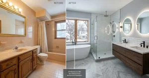 Before and after bathroom remodeling project in Minneapolis featuring a modern walk-in glass shower, freestanding bathtub, double vanity, and marble tile flooring.