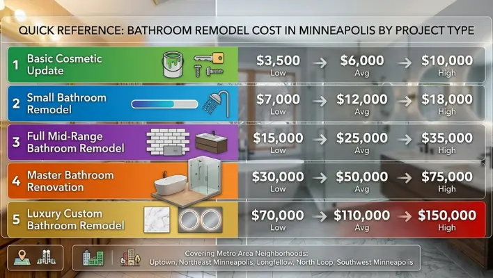 Infographic showing bathroom remodel cost in Minneapolis by project type, including cosmetic updates, small remodels, mid-range renovations, master bathroom upgrades, and luxury custom bathroom remodel pricing ranges.