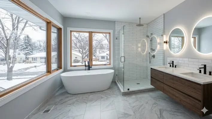 A modern mid-range bathroom renovation in Minneapolis with a white freestanding soaking tub near a snowy window, a dark wood double vanity, and a frameless glass walk-in shower.