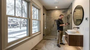 A professional contractor reviewing a digital estimate on a tablet inside a newly remodeled small bathroom in Minneapolis, featuring a walk-in tile shower, floating wood vanity, and a window view of a snowy residential street.