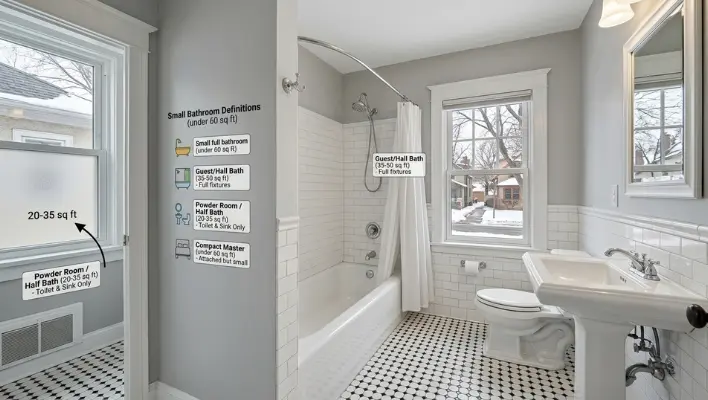A side-by-side visual comparison of a compact powder room and a full guest bathroom in a historic Minneapolis home, featuring classic white subway tile and pedestal sinks with descriptive overlay text.