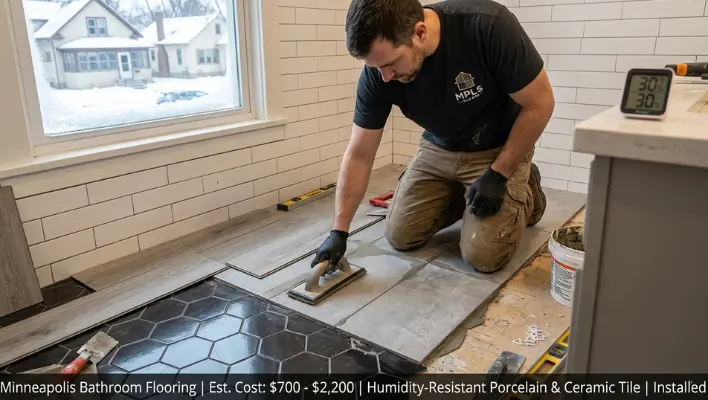 A professional contractor installing large-format porcelain floor tiles in a Minneapolis bathroom next to samples of luxury vinyl plank (LVP), with a window showing a snowy residential street and a hygrometer displaying indoor humidity levels.