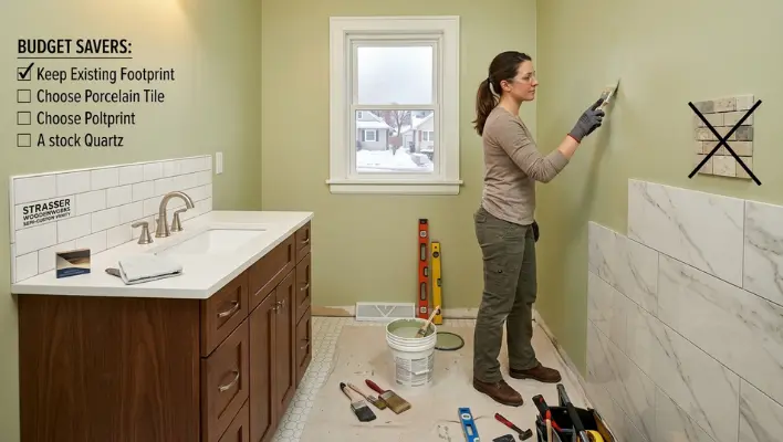 A homeowner painting a bathroom wall during a DIY renovation, featuring a STRASSER semi-custom wood vanity with a white quartz top and marble-look porcelain wall tiles, with a graphic overlay highlighting cost-saving tips like keeping the existing footprint and choosing porcelain over natural stone.