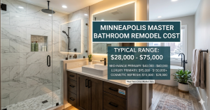 Modern Minneapolis master bathroom remodel featuring a marble walk-in shower, floating vanity with illuminated mirror, freestanding bathtub, and an infographic showing bathroom remodel costs ranging from $28,000 to $75,000.